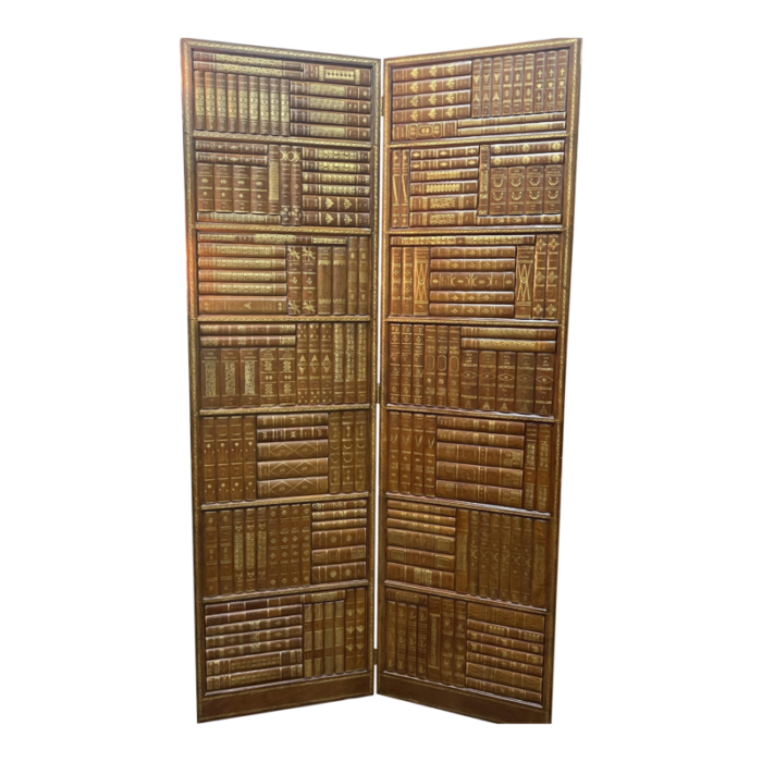 late 20th century bibliotheque 2 panel leather screen room divider attributed to maitland smith 0288