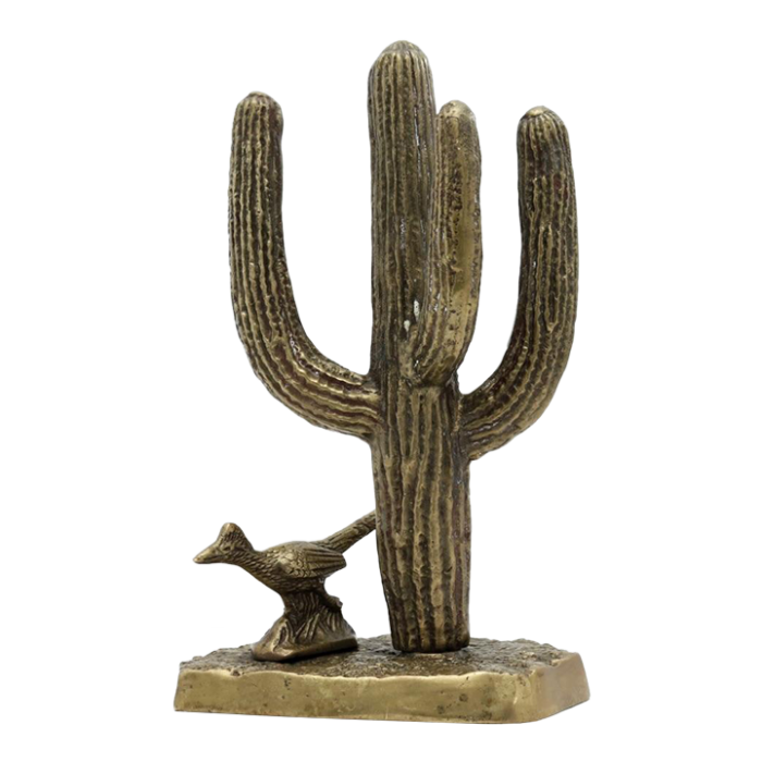 late 20th century brass saguaro cactus and roadrunner figurine 0862