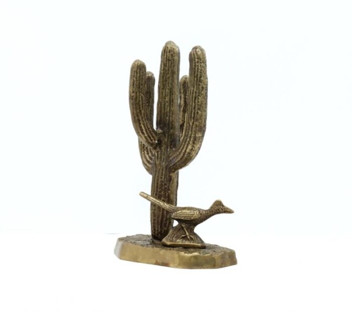 late 20th century brass saguaro cactus and roadrunner figurine 2670