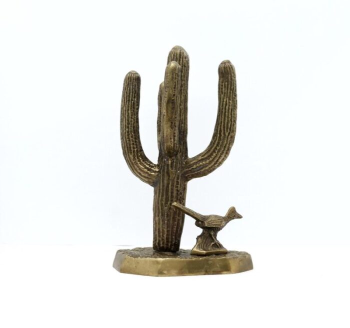 late 20th century brass saguaro cactus and roadrunner figurine 4418