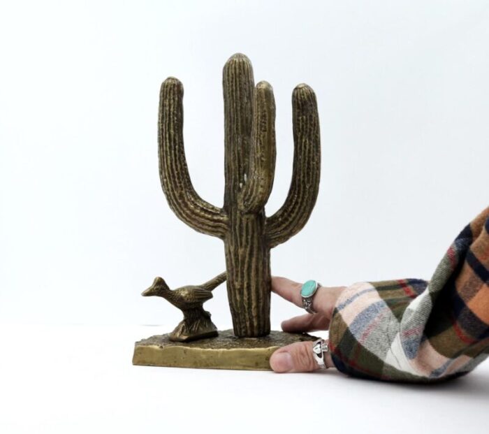 late 20th century brass saguaro cactus and roadrunner figurine 6620