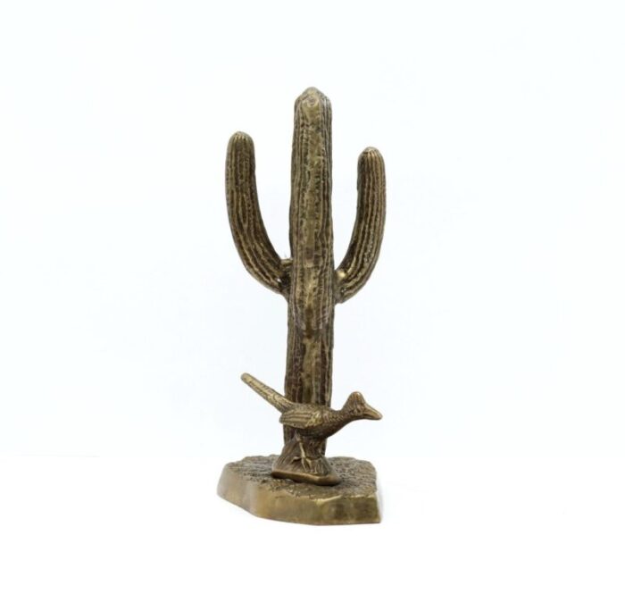 late 20th century brass saguaro cactus and roadrunner figurine 8130