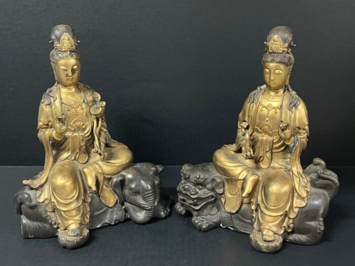 late 20th century chinese art pair of gold gilt bronze quan yin sculpture 0573