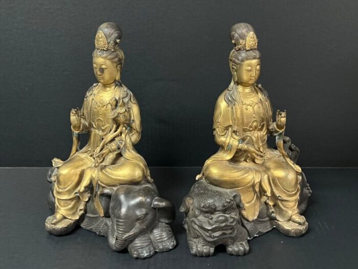 late 20th century chinese art pair of gold gilt bronze quan yin sculpture 6653