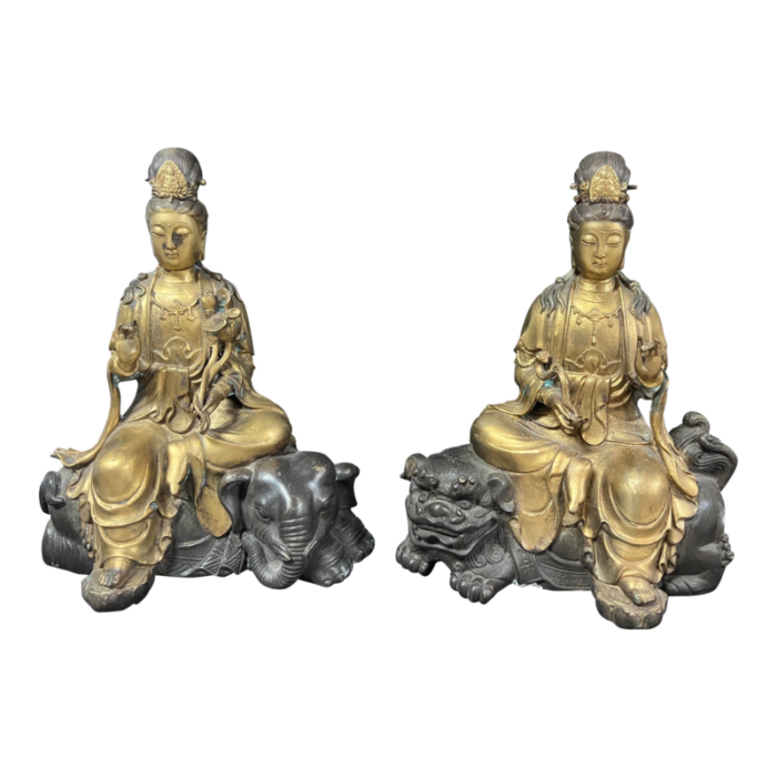 late 20th century chinese art pair of gold gilt bronze quan yin sculpture 7617