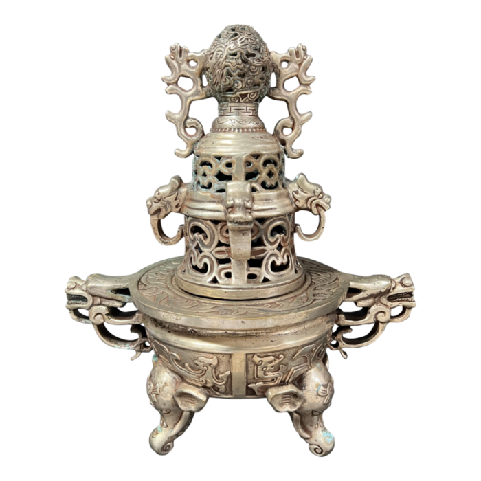 late 20th century chinese art silver gilt bronze metal incense burner 3608