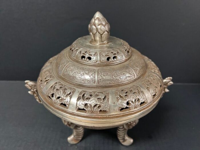 late 20th century chinese art silver gilt bronze metal incense burner 5113