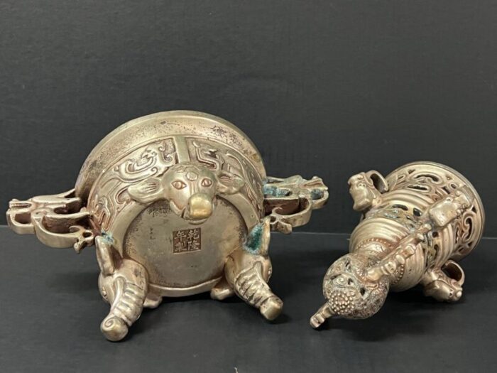 late 20th century chinese art silver gilt bronze metal incense burner 6869