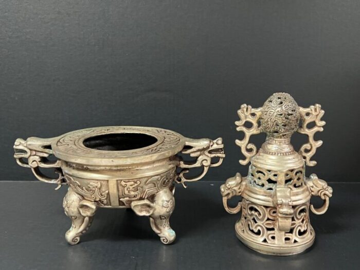 late 20th century chinese art silver gilt bronze metal incense burner 8635