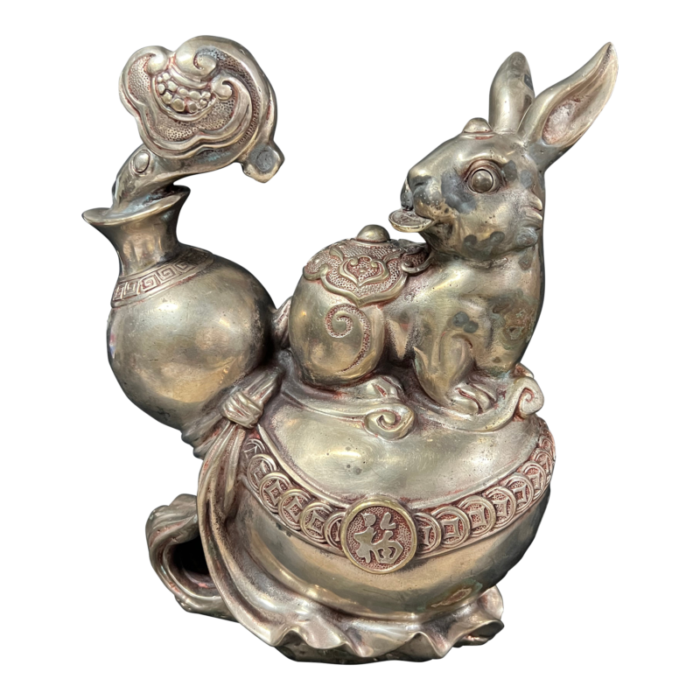 late 20th century chinese art silver gilt bronze metal lucky charm rabbit sculpture 2362