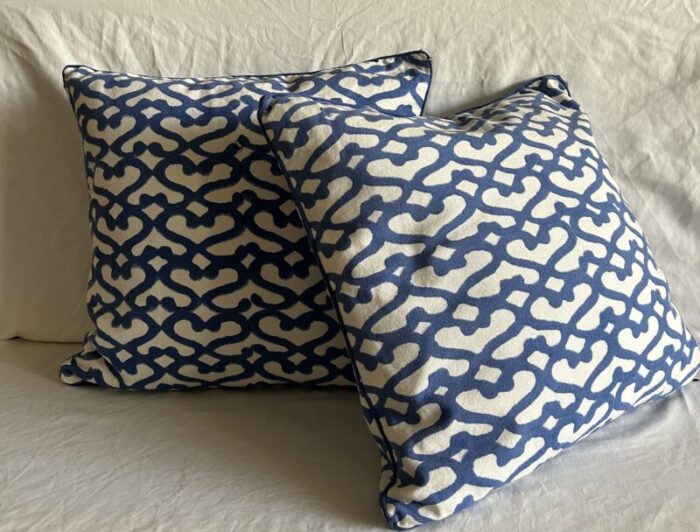 late 20th century coastal chic blue and white cotton throw pillow covers a pair 1821