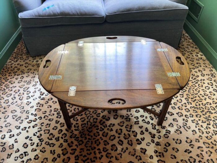 late 20th century english mahogany campaign style butlers drop leaf coffee table 8056