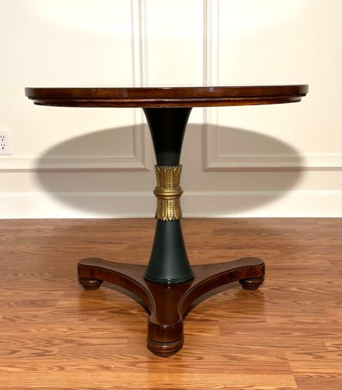 late 20th century henredon solid wood round accent table mahogany dark green and gold 6586