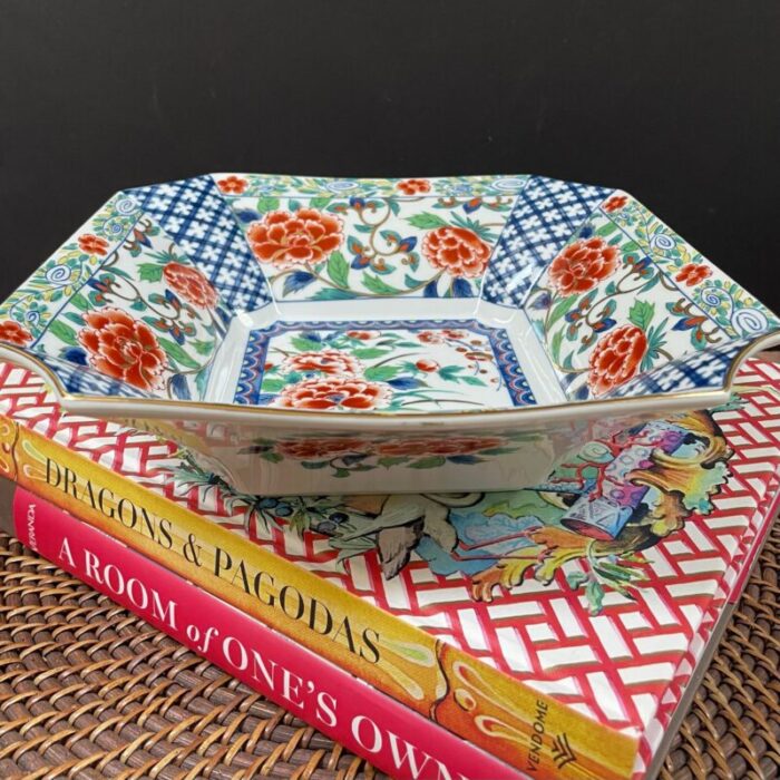 late 20th century japanese blue and white porcelain bowl with orange peonies and prunus blossoms 4110