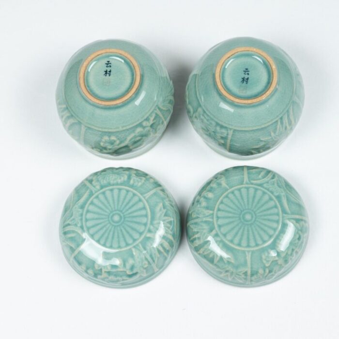 late 20th century korean celadon tea set with flora of the four seasons sgraffito decoration set of 2 4362