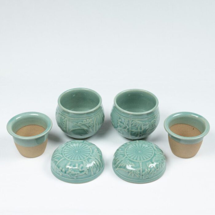 late 20th century korean celadon tea set with flora of the four seasons sgraffito decoration set of 2 7121