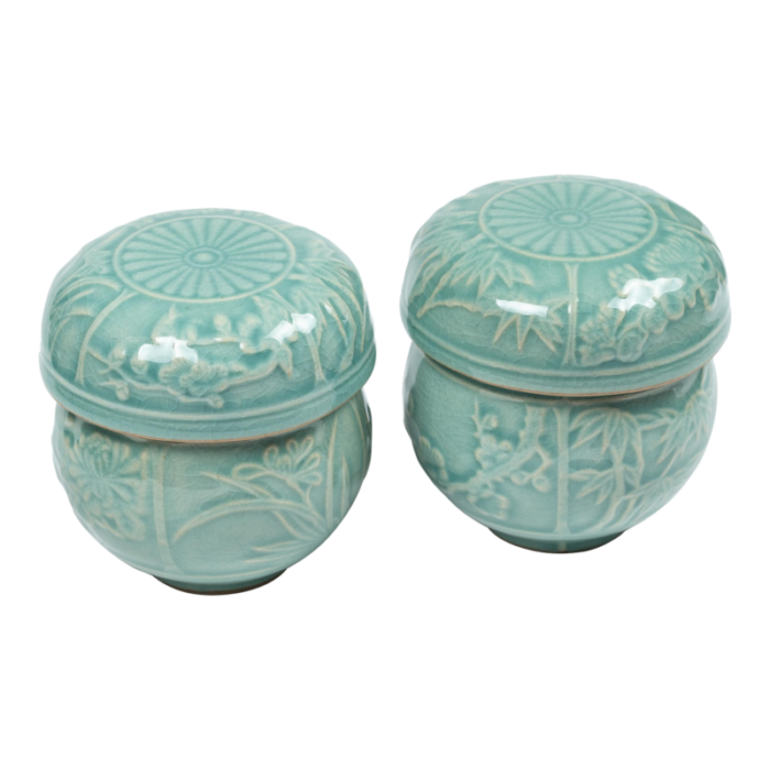 late 20th century korean celadon tea set with flora of the four seasons sgraffito decoration set of 2 7476