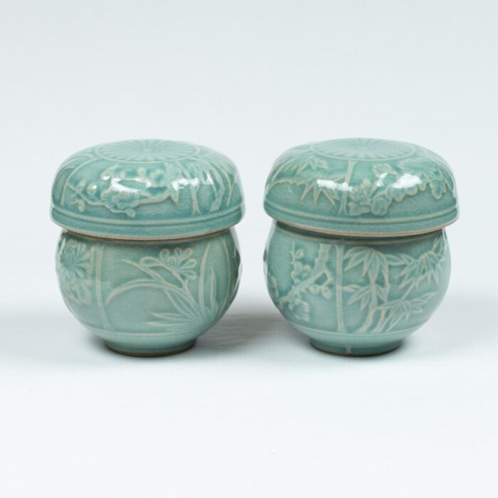 late 20th century korean celadon tea set with flora of the four seasons sgraffito decoration set of 2 7614