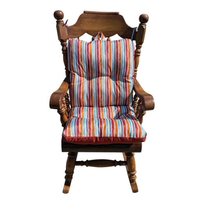 late 20th century large oak rocking chair with new colorful cushion 0854