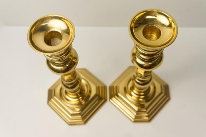 late 20th century solid brass candlesticks lacquered finish a pair 9129