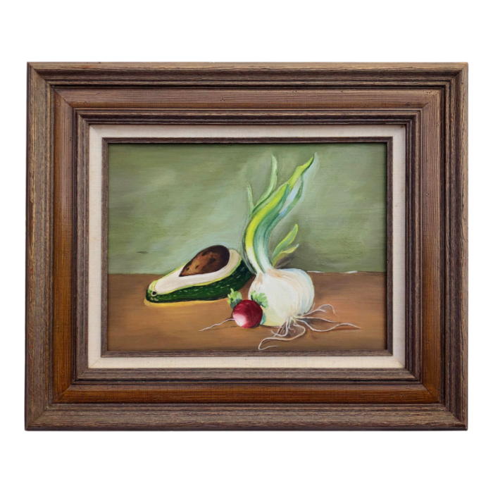 late 20th century vintage still life painting with avocado and onion in a wood frame 3607