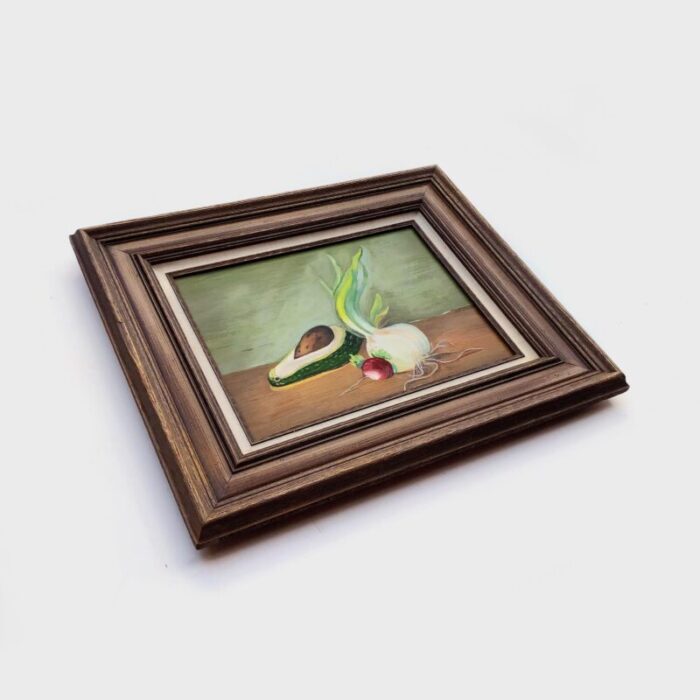 late 20th century vintage still life painting with avocado and onion in a wood frame 3994