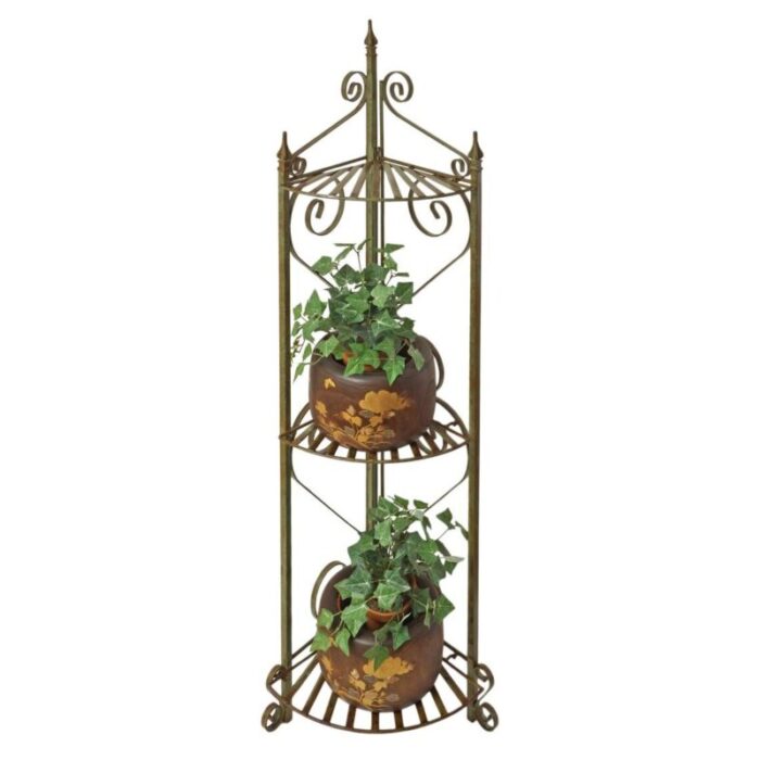 late 20th century wrought iron verdigris painted french style 3 shelf corner plant stand collapsible rack 1406