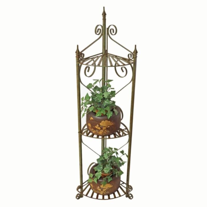 late 20th century wrought iron verdigris painted french style 3 shelf corner plant stand collapsible rack 3699