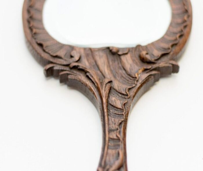 louis xv style carved oakwood hand mirror 3