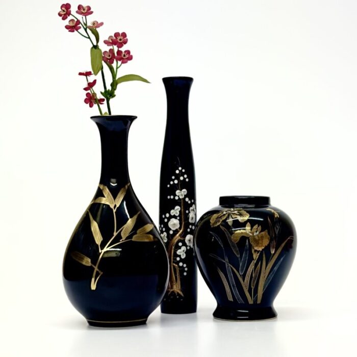 mid 20th century black and gold embellshed ceramic vase curation group of 3 8964