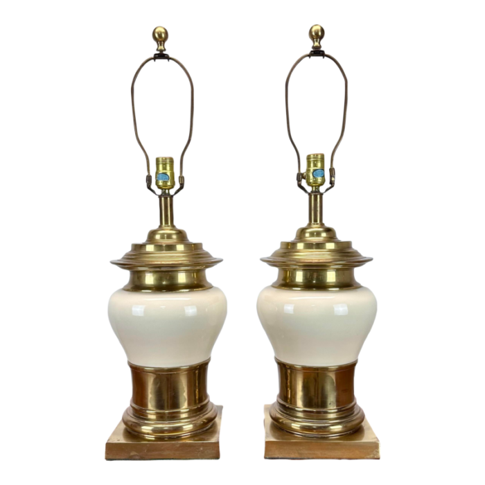 mid 20th century chinoiserie cream ceramic and brass table lamps 4861