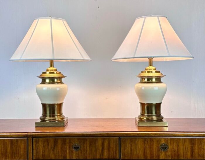 mid 20th century chinoiserie cream ceramic and brass table lamps 5203