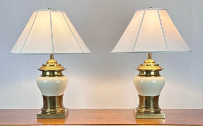 mid 20th century chinoiserie cream ceramic and brass table lamps 6689