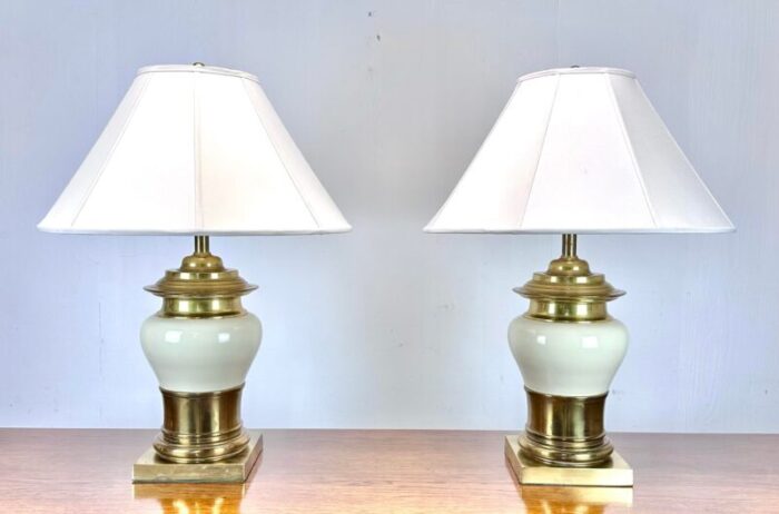 mid 20th century chinoiserie cream ceramic and brass table lamps 7730