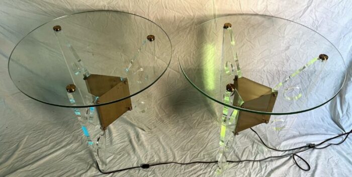 mid 20th century dorothy thorpe illuminated pair sideend tables lucite base round glass top 0757