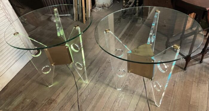 mid 20th century dorothy thorpe illuminated pair sideend tables lucite base round glass top 0799