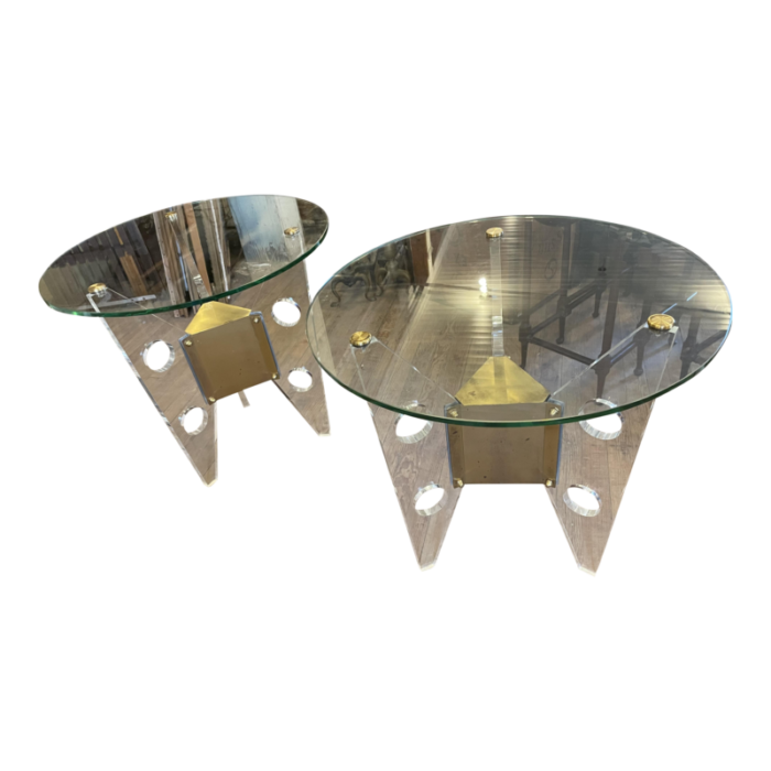 mid 20th century dorothy thorpe illuminated pair sideend tables lucite base round glass top 1033