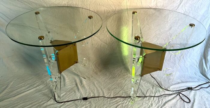 mid 20th century dorothy thorpe illuminated pair sideend tables lucite base round glass top 7272