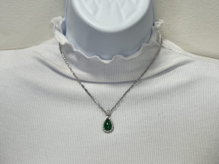 mid 20th century emerald cabochon pear and diamond pendant necklace in 18k white gold 5559