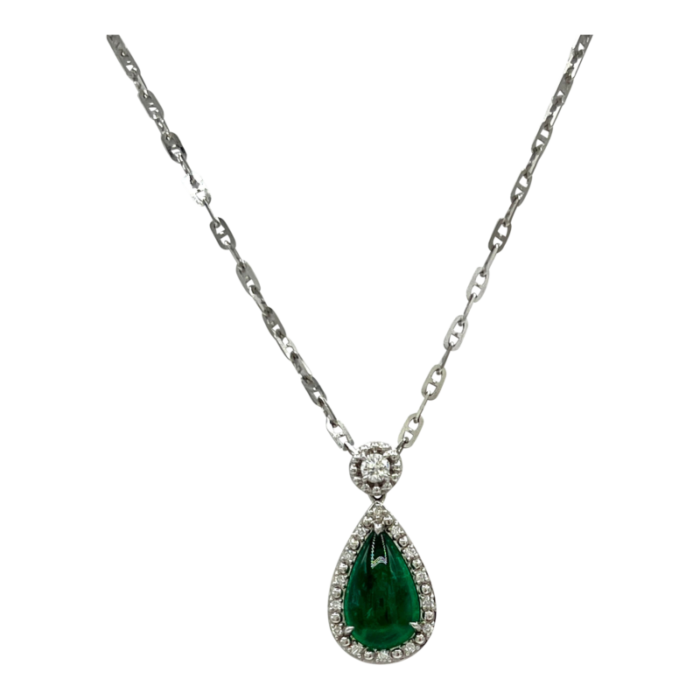 mid 20th century emerald cabochon pear and diamond pendant necklace in 18k white gold 7493