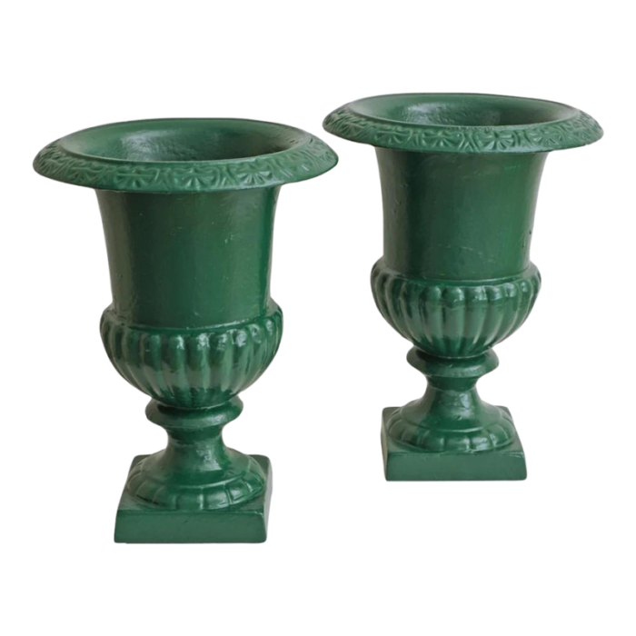 mid 20th century french neoclassic style green cast iron garden urns planters a pair 6823