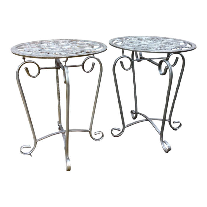 mid 20th century french style vintage scrolled wrought iron tables set of 2 0791