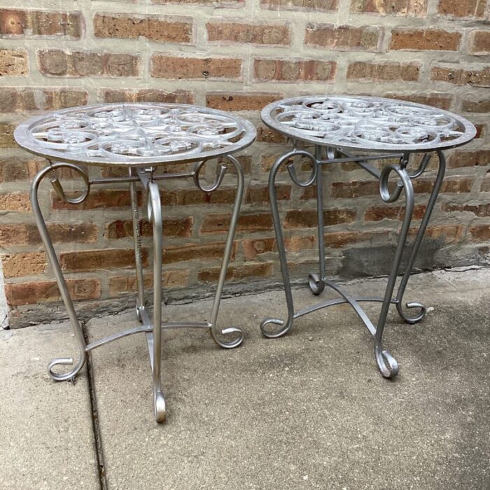 mid 20th century french style vintage scrolled wrought iron tables set of 2 8278