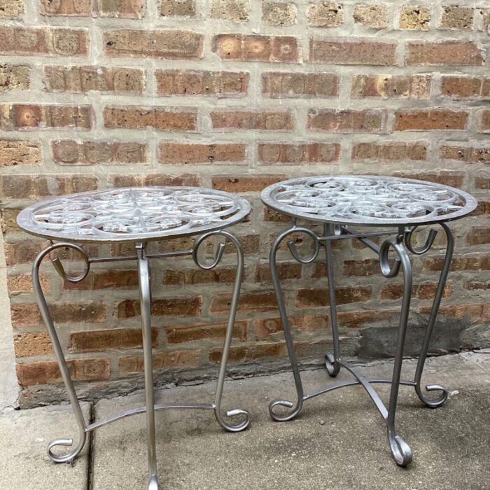 mid 20th century french style vintage scrolled wrought iron tables set of 2 8466