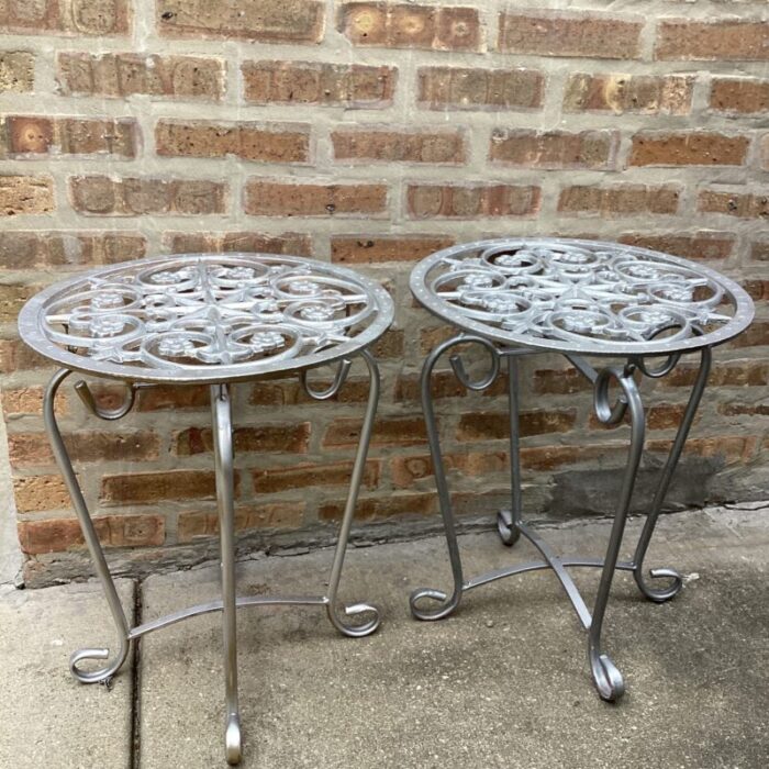 mid 20th century french style vintage scrolled wrought iron tables set of 2 9328