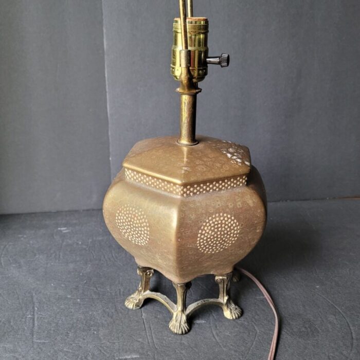 mid 20th century japanese moriage pagoda lamp with white spheres and brass clawfoot base 0040