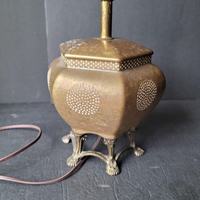 mid 20th century japanese moriage pagoda lamp with white spheres and brass clawfoot base 3913