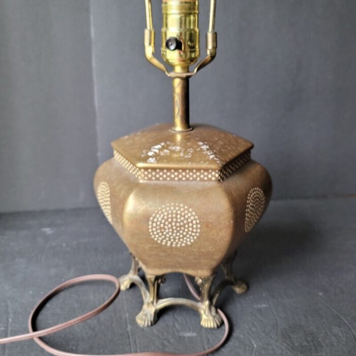 mid 20th century japanese moriage pagoda lamp with white spheres and brass clawfoot base 4120