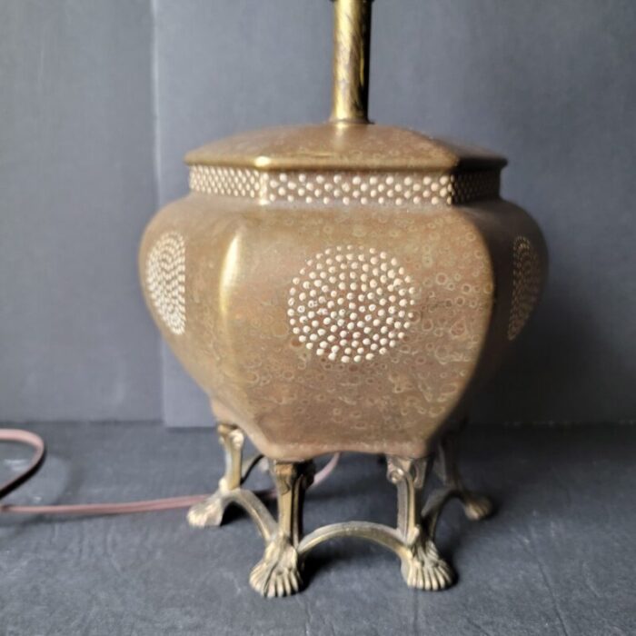 mid 20th century japanese moriage pagoda lamp with white spheres and brass clawfoot base 4415