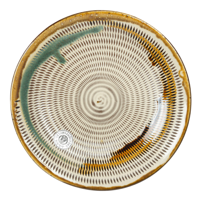 mid 20th century koishiwara plate with chatter marks and two colour uchikake splash decoration 6618